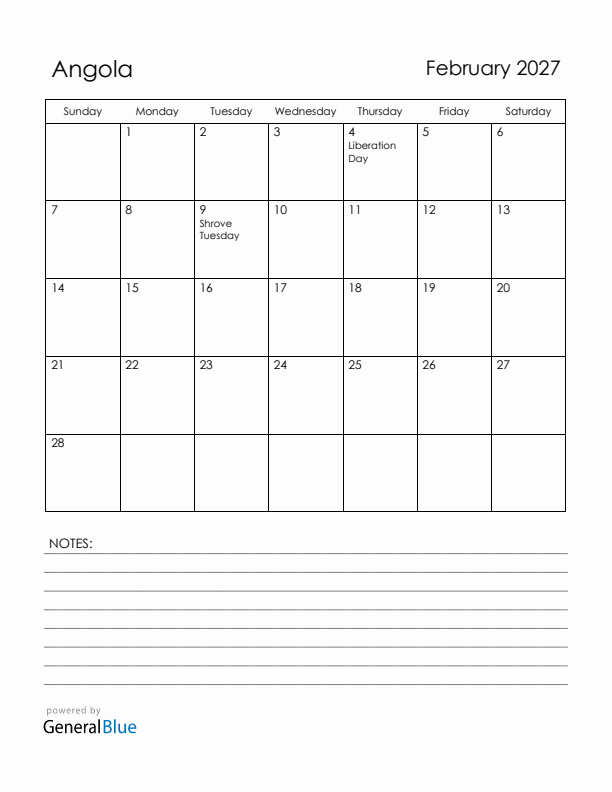 February 2027 Angola Calendar with Holidays (Sunday Start)
