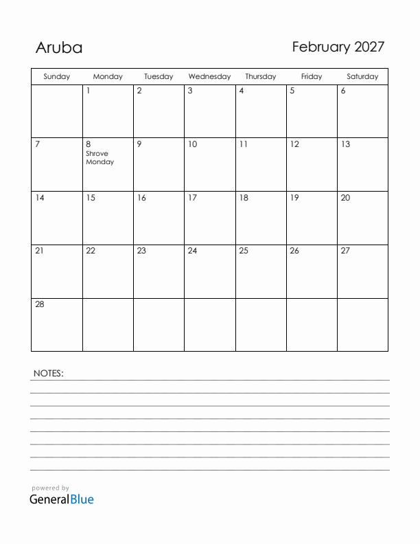 February 2027 Aruba Calendar with Holidays (Sunday Start)