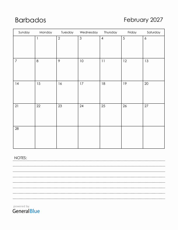 February 2027 Barbados Calendar with Holidays (Sunday Start)