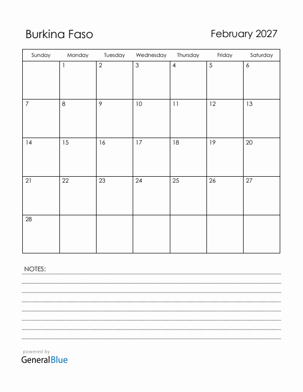 February 2027 Burkina Faso Calendar with Holidays (Sunday Start)