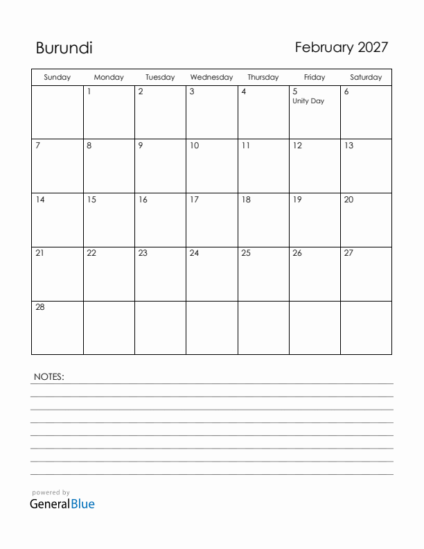 February 2027 Burundi Calendar with Holidays (Sunday Start)