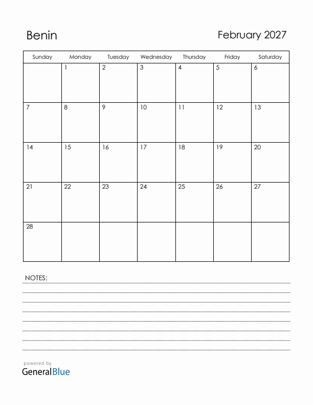 February 2027 Benin Calendar with Holidays (Sunday Start)