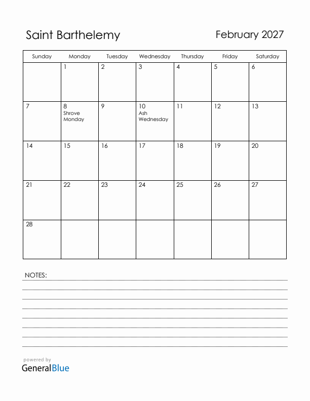 February 2027 Saint Barthelemy Calendar with Holidays (Sunday Start)