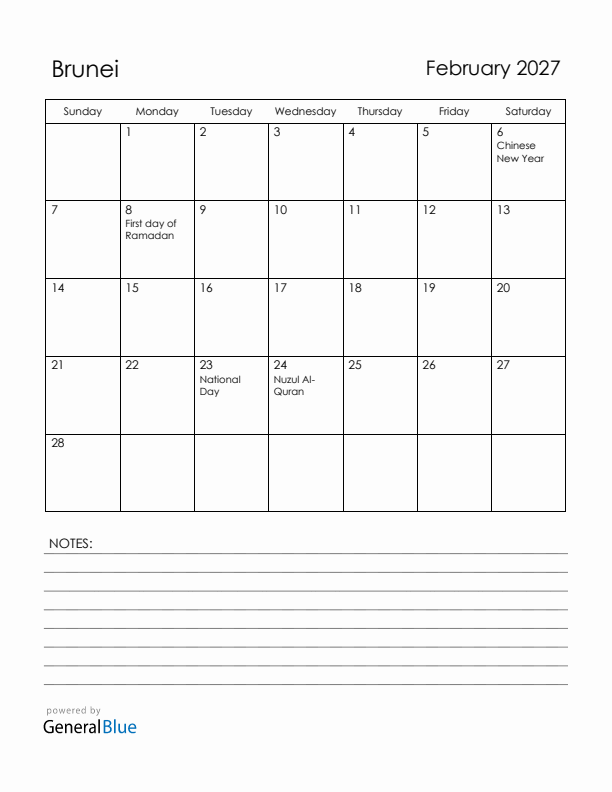 February 2027 Brunei Calendar with Holidays (Sunday Start)