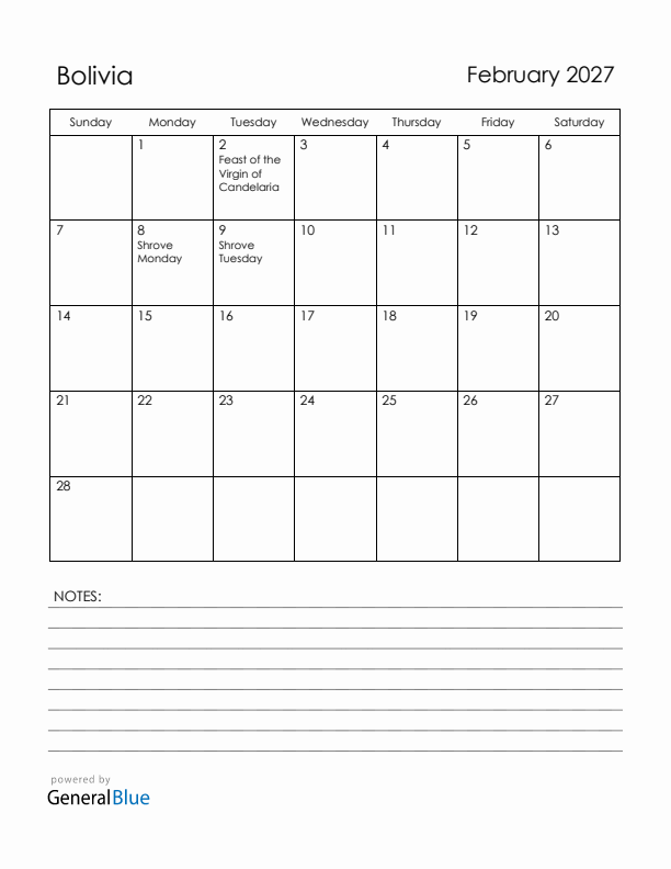 February 2027 Bolivia Calendar with Holidays (Sunday Start)