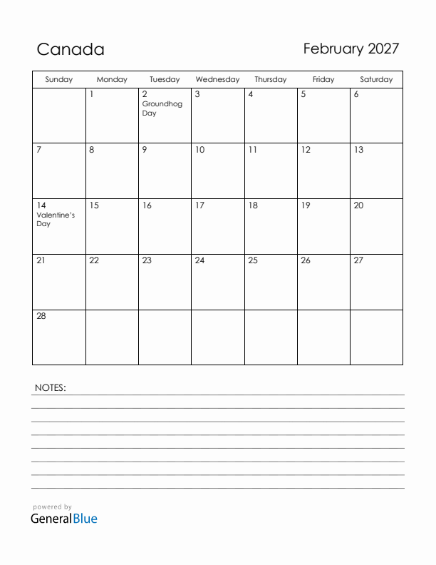 February 2027 Canada Calendar with Holidays (Sunday Start)