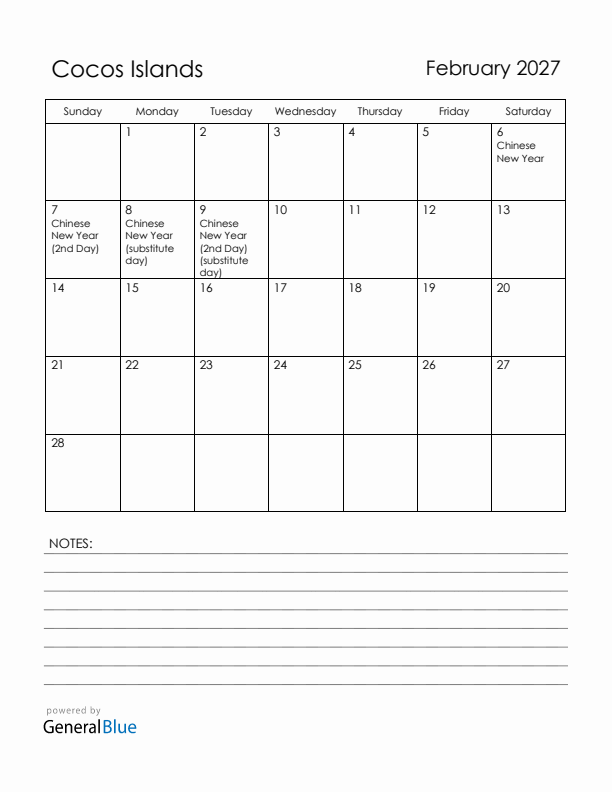 February 2027 Cocos Islands Calendar with Holidays (Sunday Start)