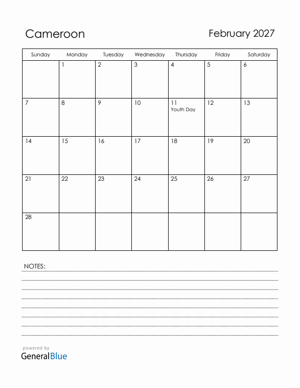 February 2027 Cameroon Calendar with Holidays (Sunday Start)