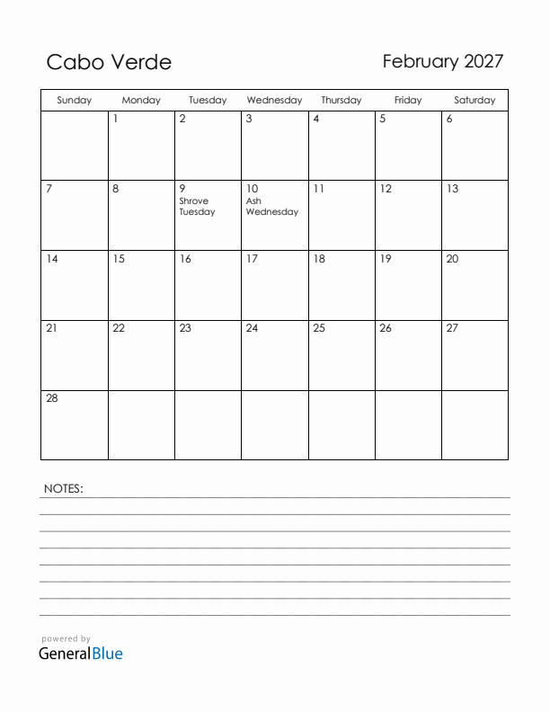 February 2027 Cabo Verde Calendar with Holidays (Sunday Start)
