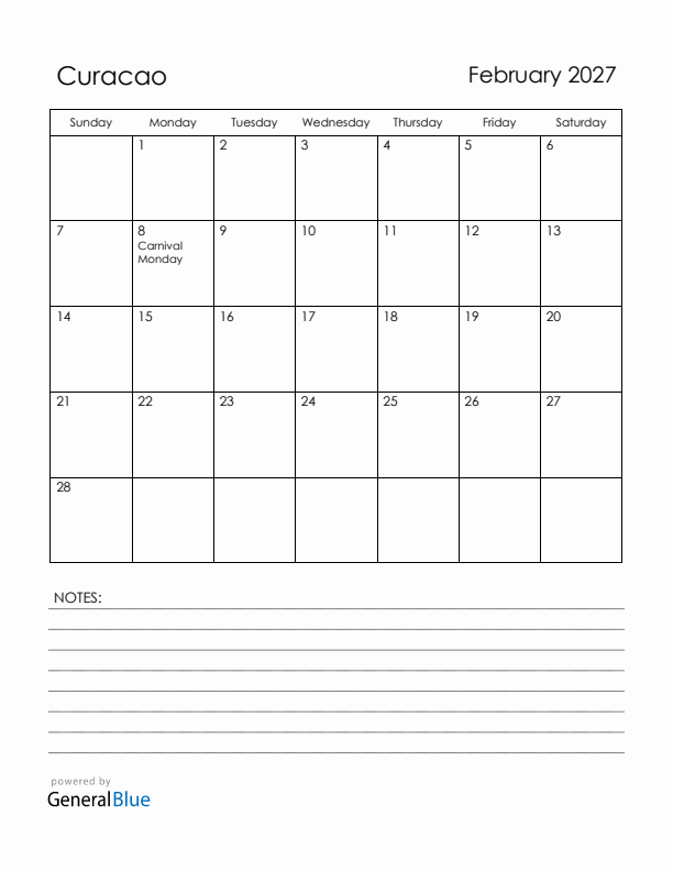 February 2027 Curacao Calendar with Holidays (Sunday Start)