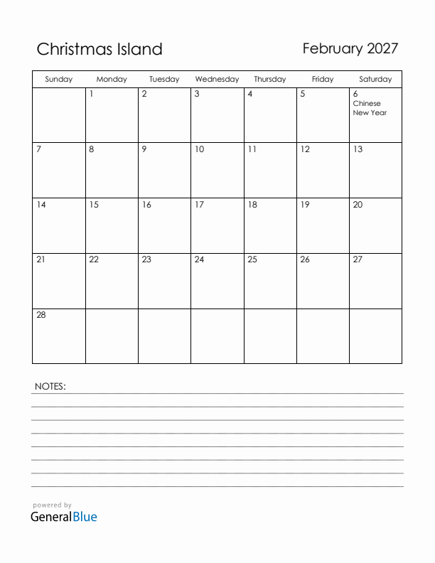 February 2027 Christmas Island Calendar with Holidays (Sunday Start)