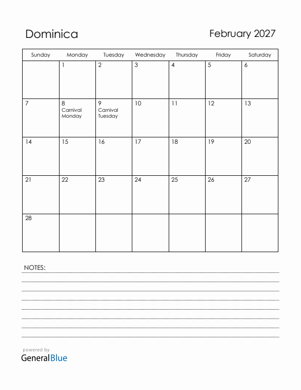 February 2027 Dominica Calendar with Holidays (Sunday Start)