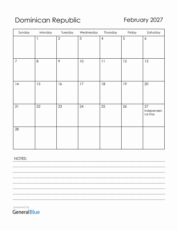 February 2027 Dominican Republic Calendar with Holidays (Sunday Start)