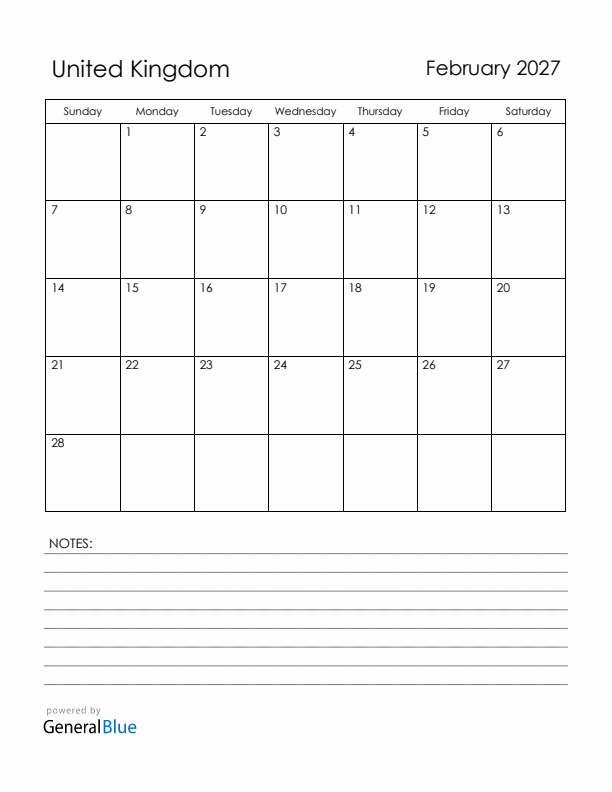 February 2027 United Kingdom Calendar with Holidays (Sunday Start)