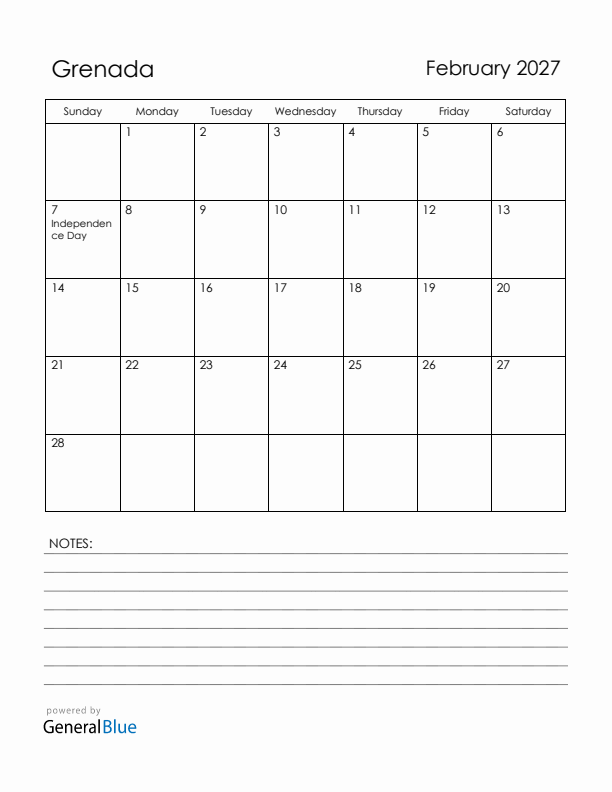 February 2027 Grenada Calendar with Holidays (Sunday Start)