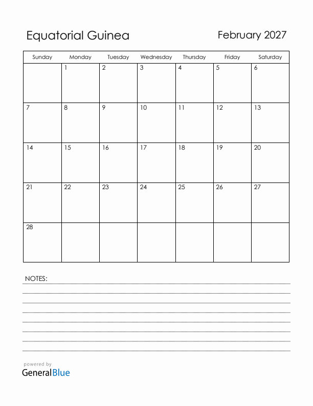 February 2027 Equatorial Guinea Calendar with Holidays (Sunday Start)