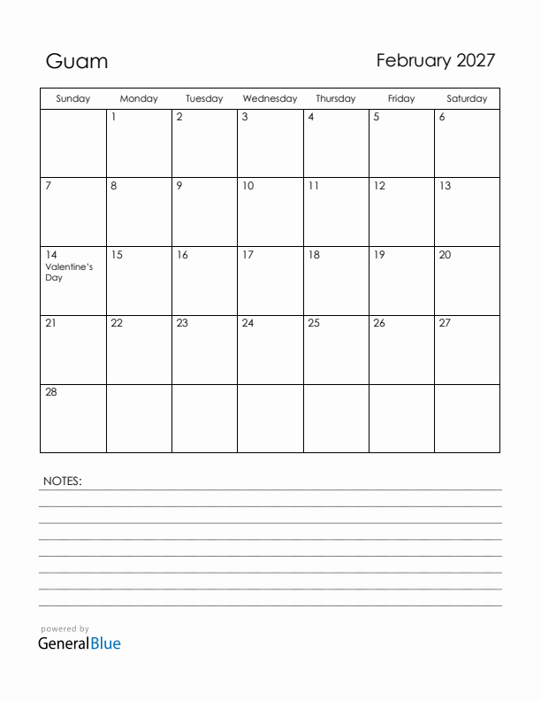February 2027 Guam Calendar with Holidays (Sunday Start)