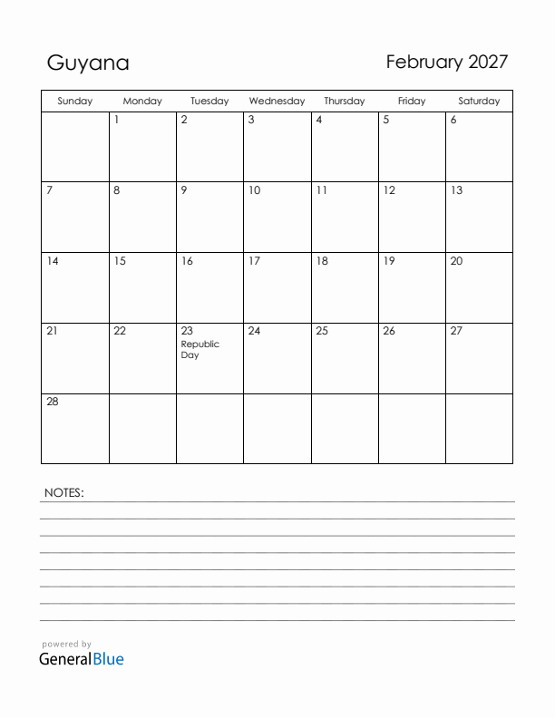 February 2027 Guyana Calendar with Holidays (Sunday Start)