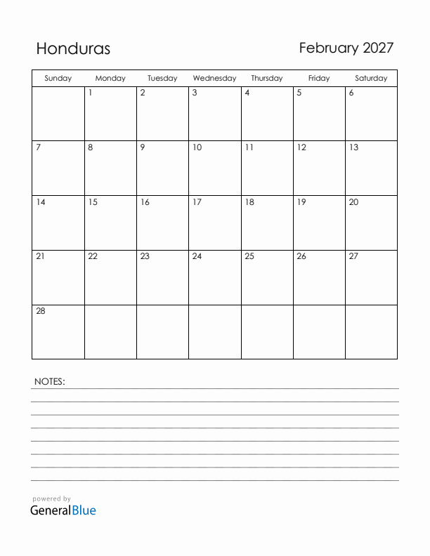 February 2027 Honduras Calendar with Holidays (Sunday Start)