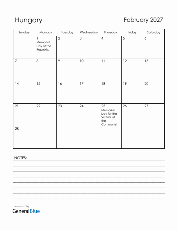 February 2027 Hungary Calendar with Holidays (Sunday Start)