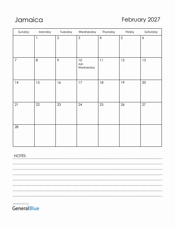 February 2027 Jamaica Calendar with Holidays (Sunday Start)