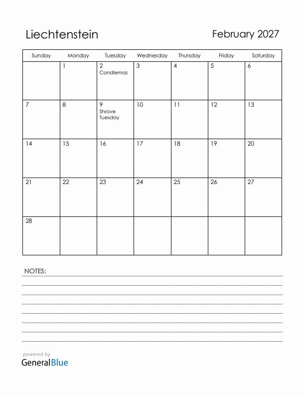 February 2027 Liechtenstein Calendar with Holidays (Sunday Start)
