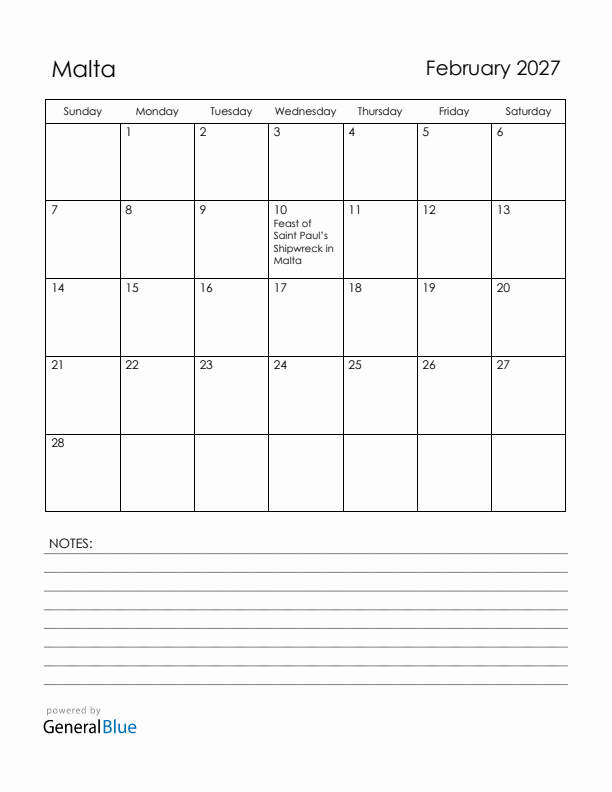 February 2027 Malta Calendar with Holidays (Sunday Start)