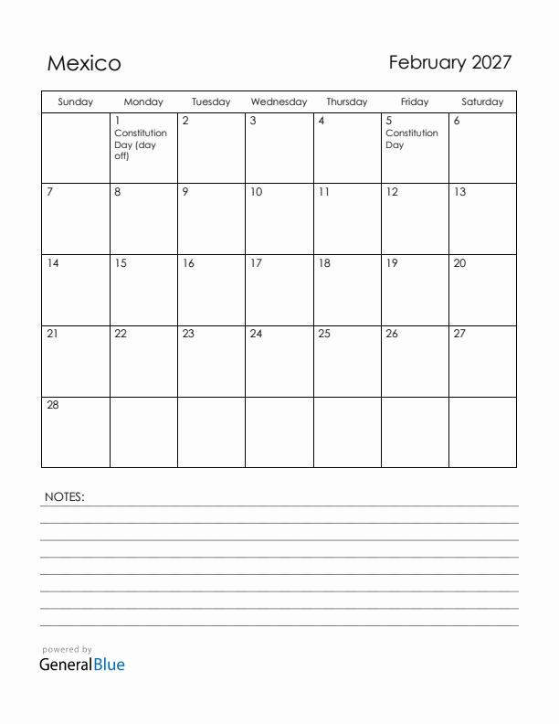 February 2027 Mexico Calendar with Holidays (Sunday Start)