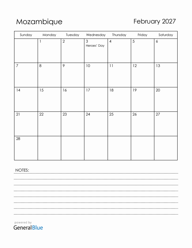 February 2027 Mozambique Calendar with Holidays (Sunday Start)