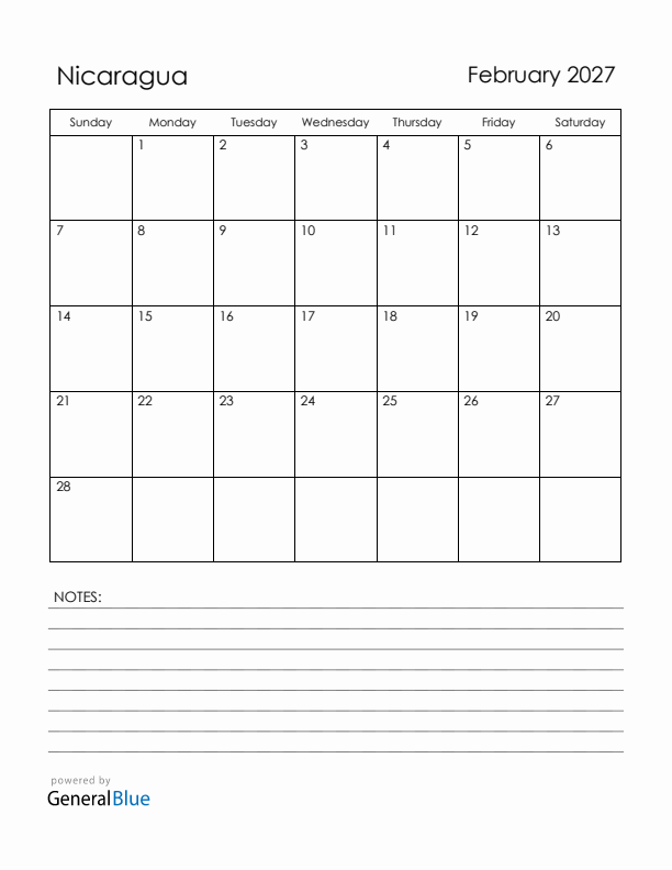 February 2027 Nicaragua Calendar with Holidays (Sunday Start)