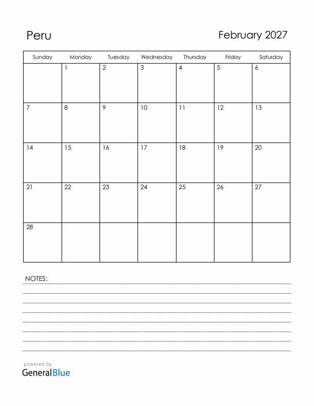 February 2027 Peru Calendar with Holidays (Sunday Start)