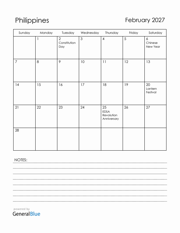 February 2027 Philippines Calendar with Holidays (Sunday Start)