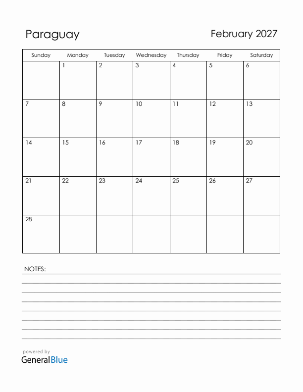 February 2027 Paraguay Calendar with Holidays (Sunday Start)