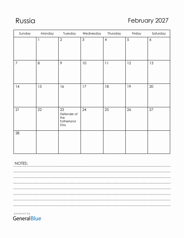 February 2027 Russia Calendar with Holidays (Sunday Start)