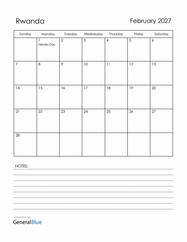 February 2027 Rwanda Calendar with Holidays (Sunday Start)