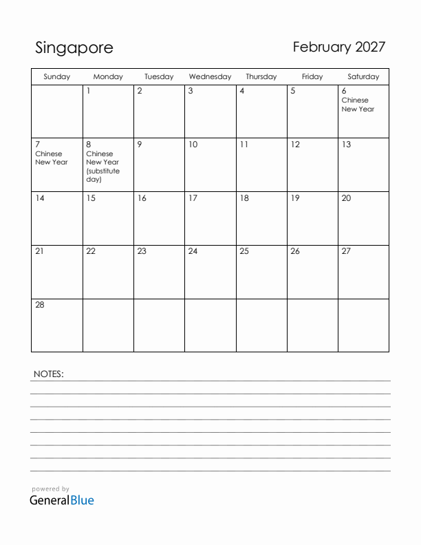 February 2027 Singapore Calendar with Holidays (Sunday Start)