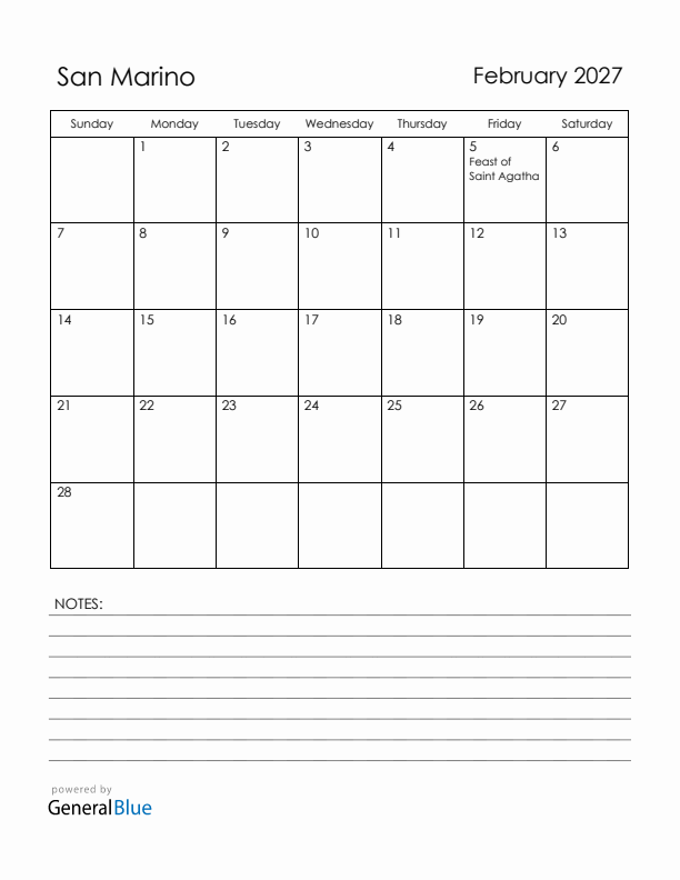 February 2027 San Marino Calendar with Holidays (Sunday Start)