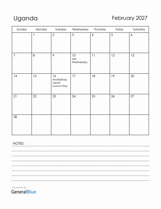 February 2027 Uganda Calendar with Holidays (Sunday Start)
