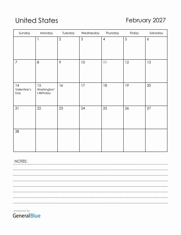 February 2027 United States Calendar with Holidays (Sunday Start)