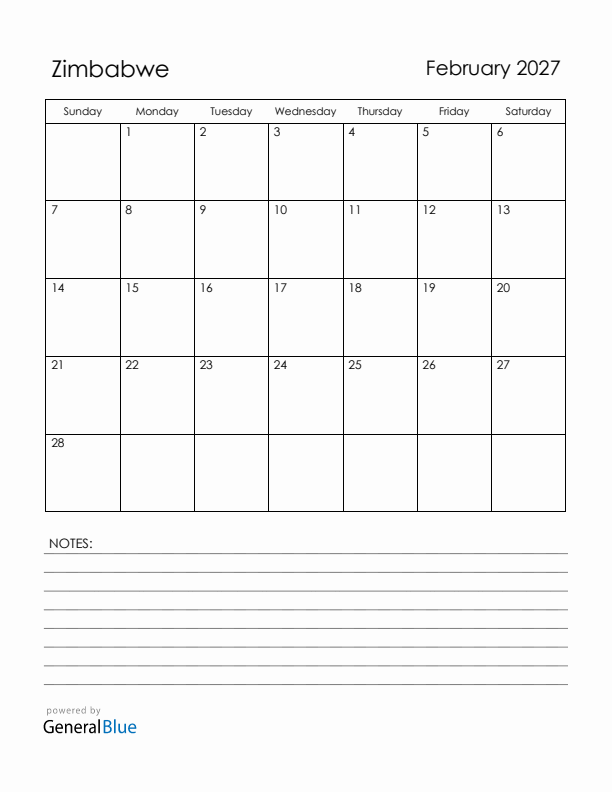 February 2027 Zimbabwe Calendar with Holidays (Sunday Start)