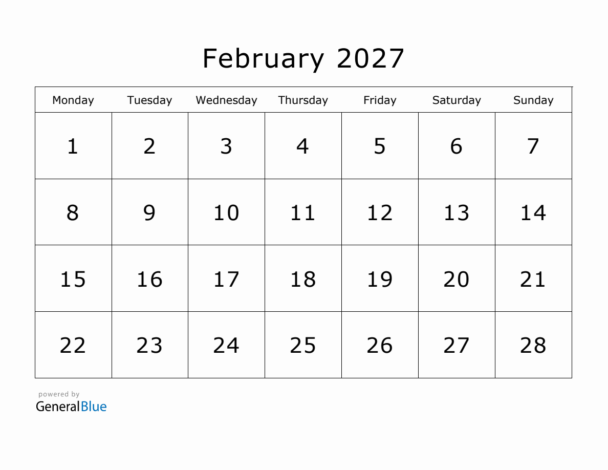 Printable February 2027 Calendar