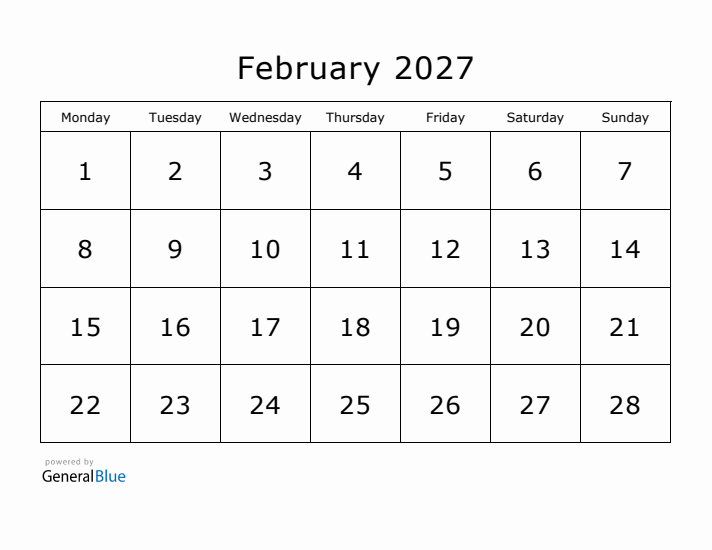 Printable February 2027 Calendar - Monday Start