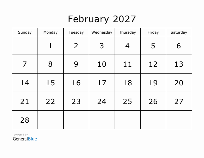Printable February 2027 Calendar - Sunday Start