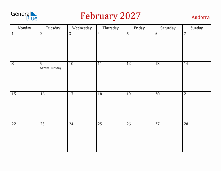 Andorra February 2027 Calendar - Monday Start