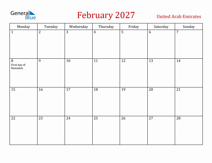 United Arab Emirates February 2027 Calendar - Monday Start