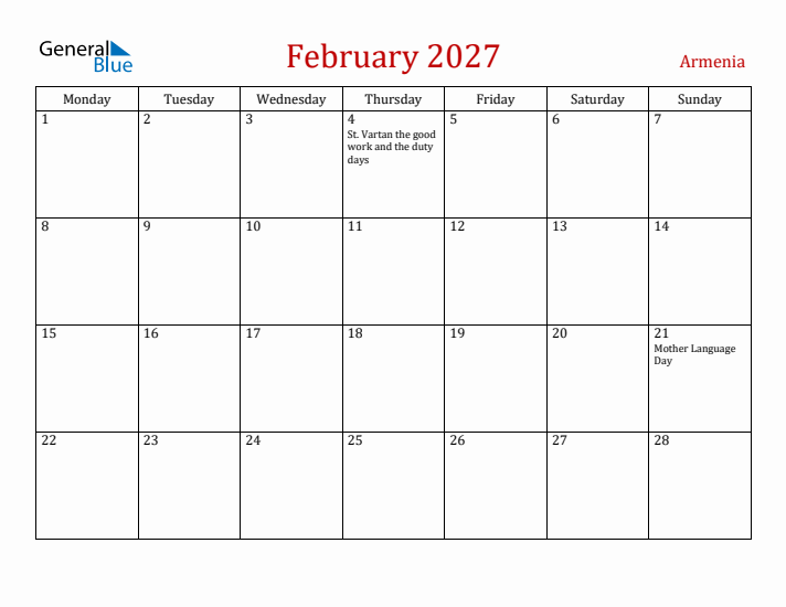 Armenia February 2027 Calendar - Monday Start