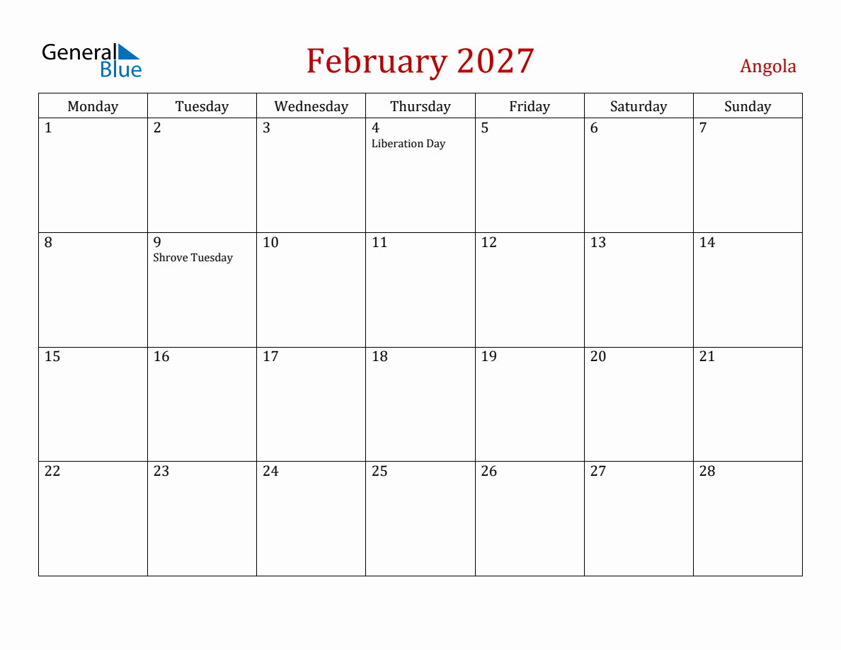 February 2027 Angola Monthly Calendar with Holidays