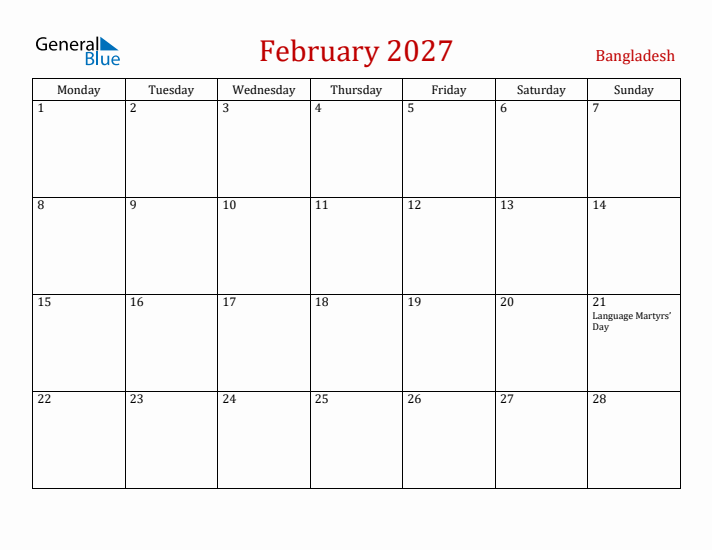 Bangladesh February 2027 Calendar - Monday Start