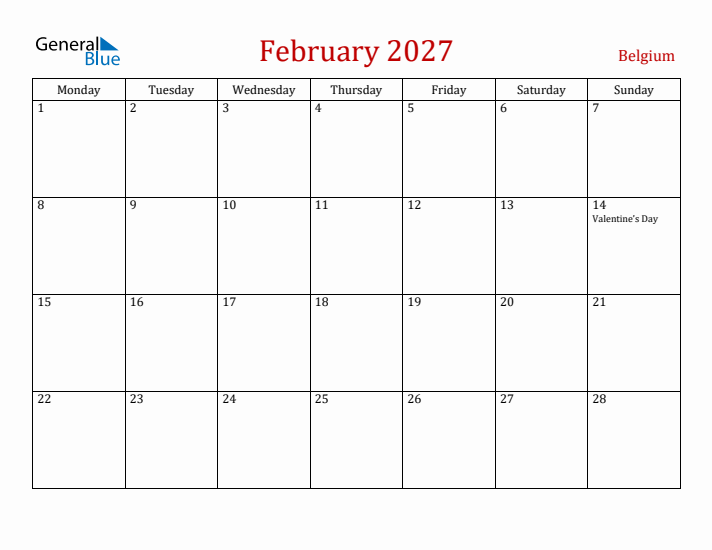 Belgium February 2027 Calendar - Monday Start