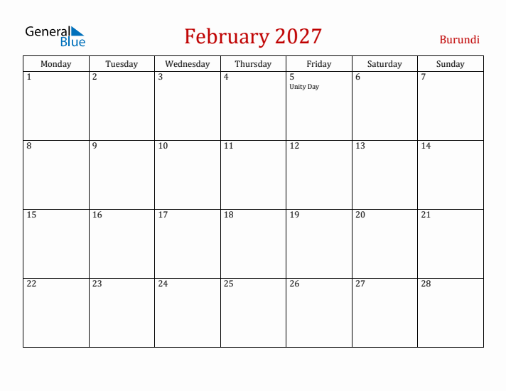 Burundi February 2027 Calendar - Monday Start